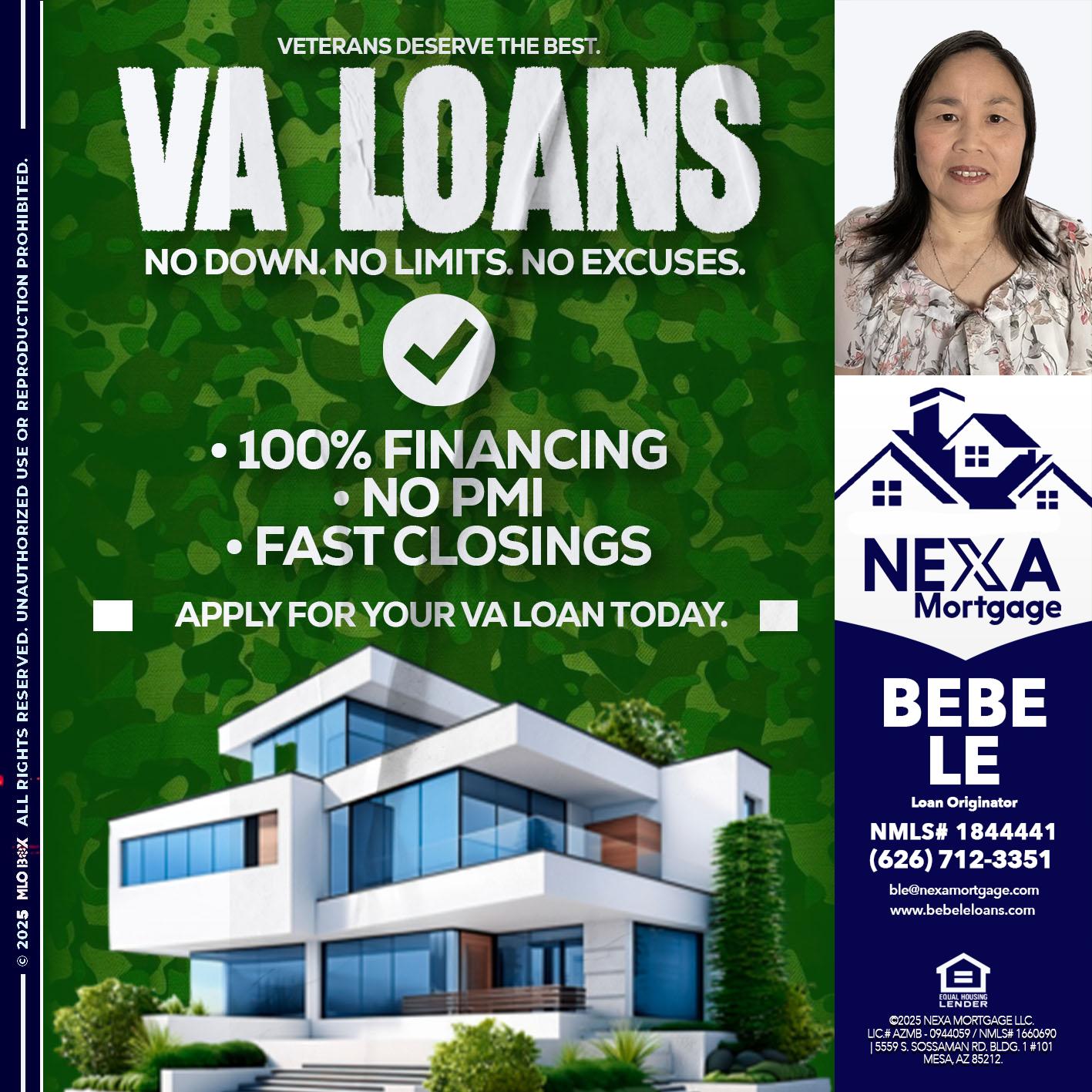 VA LOANS - Bebe Le- Serving California -Loan Originator