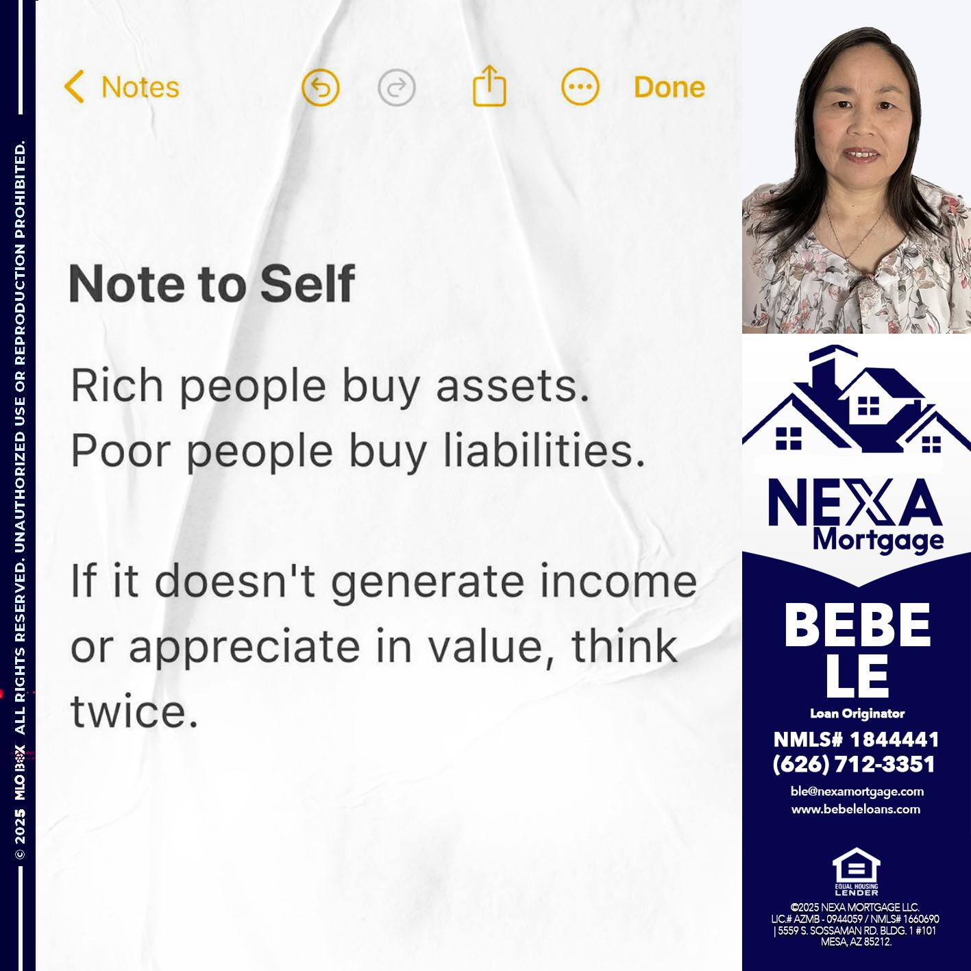 NOTE TO SELF - Bebe Le- Serving California -Loan Originator